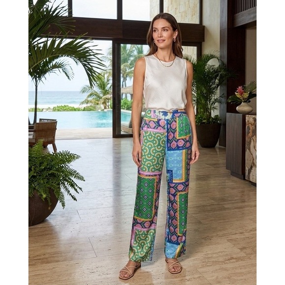 Rachel Zoe Pants - Rachel Zoe Patchwork Palazzo Pants Sz L Wide Leg • Scarf Print Resort Wear Boho